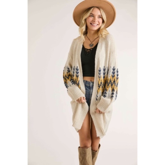 SOLD OUT Ivory Mustard Tribal Pattern Puff Sleeve Knit Cardigan Sweater Fall - Picture 2 of 9